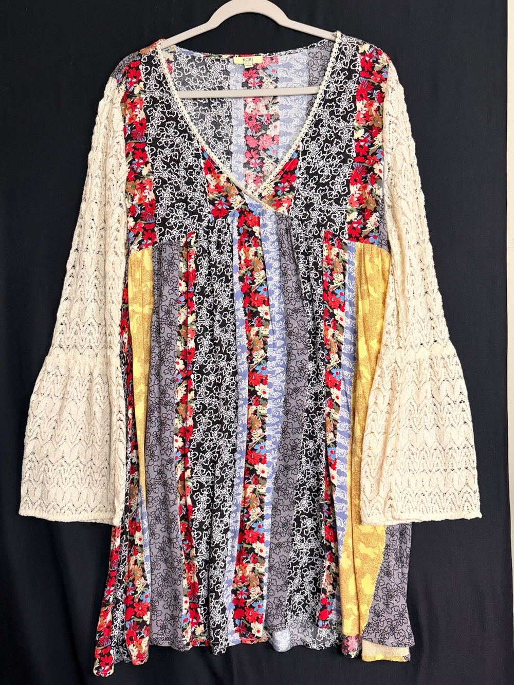 Boho Patchwork Floral V-Neck Dress with Cream Crochet Sleeves Bell Sleeves boho